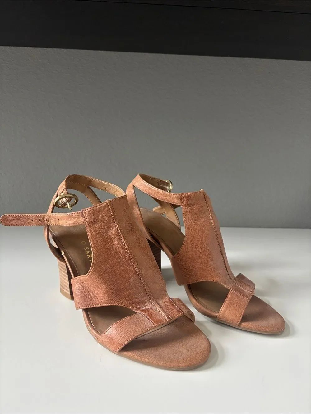 Franco Sarto Cognac Leather Open-Strap Block Heel Sandals